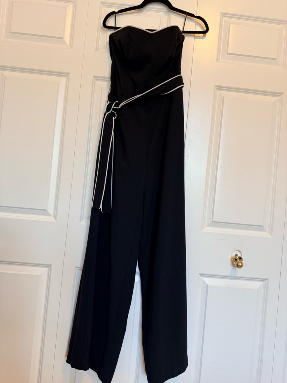 H&M Black Strapless Wide-Leg Jumpsuit with White Trim Belt